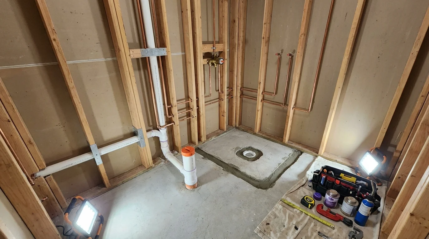 Bathroom rough-in plumbing during remodel by Johns Plumbing LLC in Moody