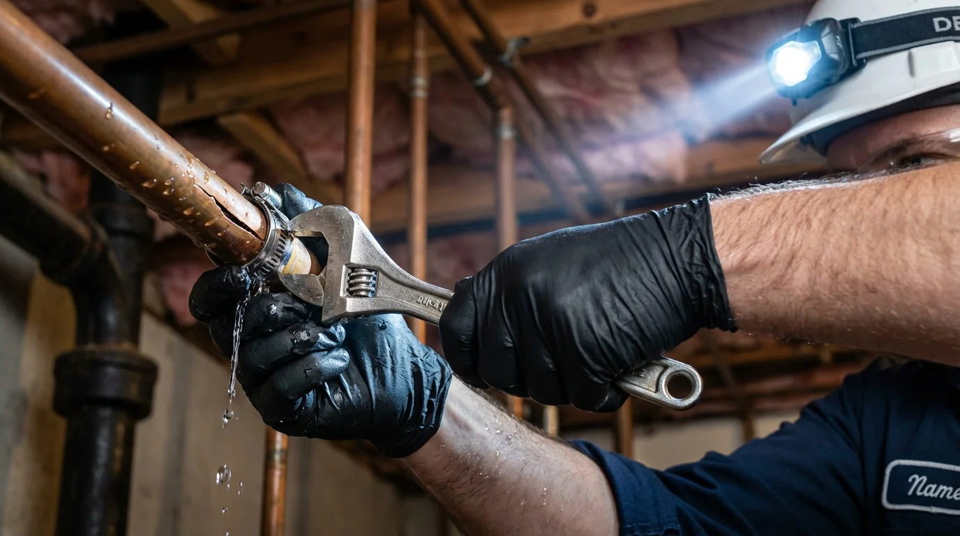 Emergency pipe clamp repair being performed by a Johns Plumbing LLC plumber in Moody