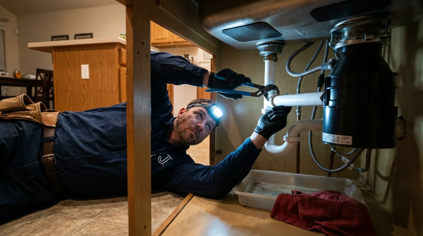 P-trap and supply line connections under a kitchen sink showing a common leak point in Moody, AL